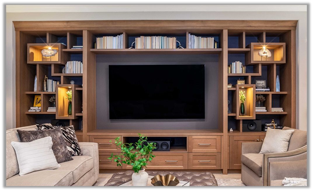 Evoke entertainment wall in a stained finish